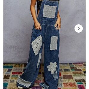 NWOT POL crochet patchwork wide-leg denim overalls.